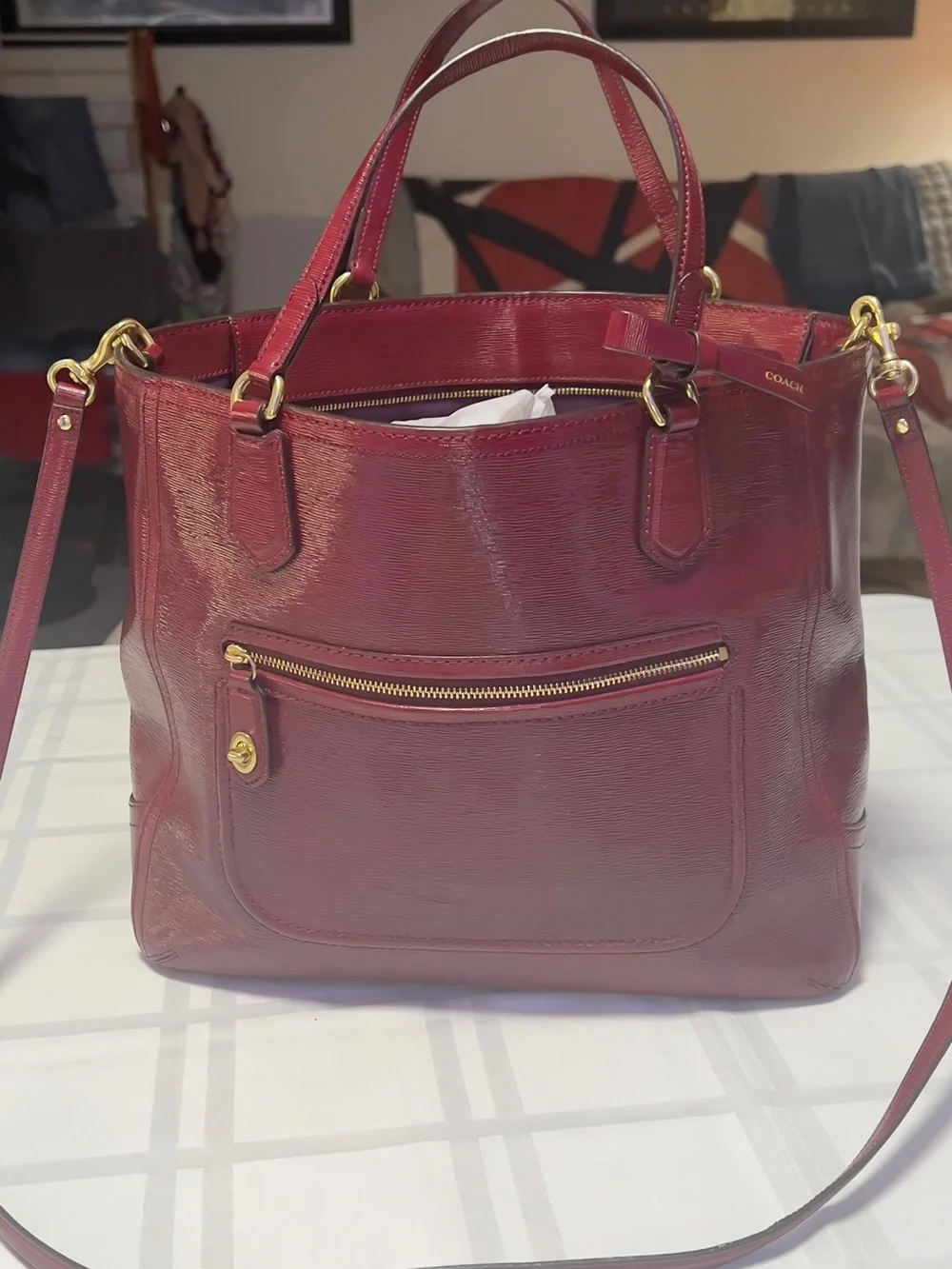 Coach Cherry Red Leather Tote with Gold Hardware